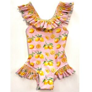 Cecil and Lou Lemon Print One Piece Swimsuit Ruffle Smocked Detail Baby Girl 18m